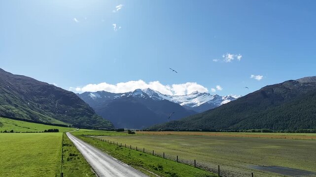 Aerial View of Road to Rob Roy Glacier Through Mount Aspiring Valley New Zealand