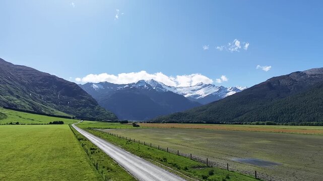 Aerial View of Road to Rob Roy Glacier Through Mount Aspiring Valley New Zealand