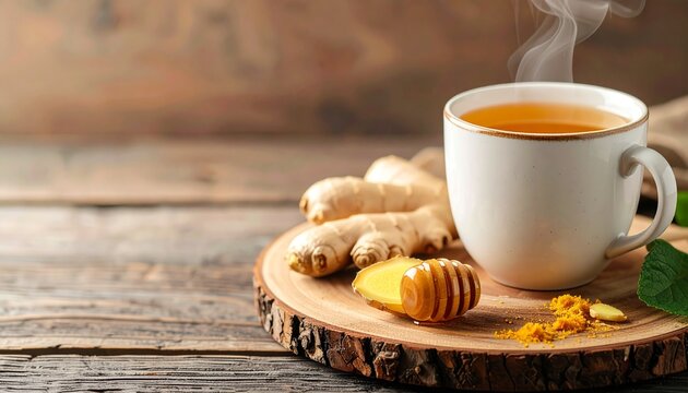 A steaming mug of ginger tea with honey, rustic wooden setting, natural earthy tones, calming aesthetic composition

