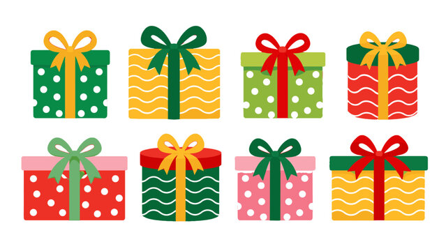 Set of colorful wrapped gift boxes with bows in flat vector style