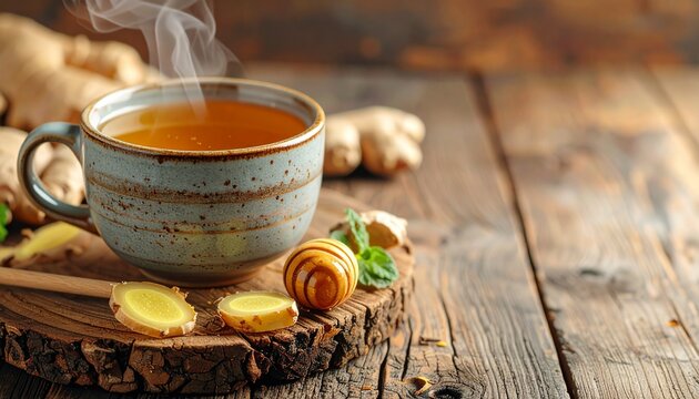 A steaming mug of ginger tea with honey, rustic wooden setting, natural earthy tones, calming aesthetic composition
