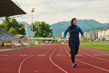 Fototapeta premium Woman in Hijab Running on Outdoor Track at Stadium Training for Fitness and Athletics