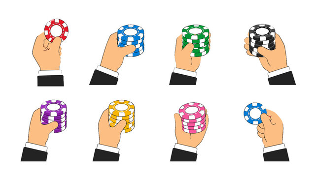 Hands holding colorful casino chips in different positions