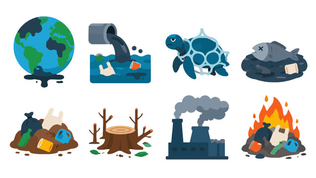 Environmental pollution and waste icons set in flat vector style