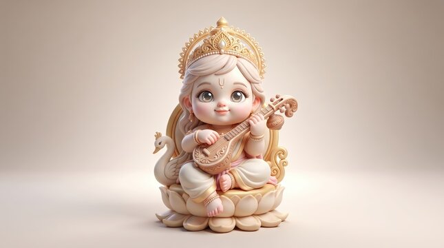 Cute cartoon goddess saraswati playing veena on lotus throne with swan for basant panchami celebration 3d rendered digital art figurine illustration for spiritual and cultural festive greeting cards