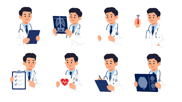 Set of doctor character poses with medical documents and scans