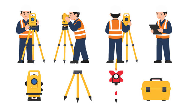 Surveyor with total station and equipment vector set