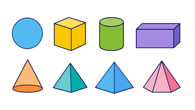 Colorful set of basic geometric solids in simple vector style