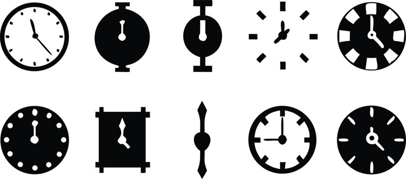 A collection of ten different clock and timekeeping device silhouettes isolated on a white background, representing various styles of timepieces