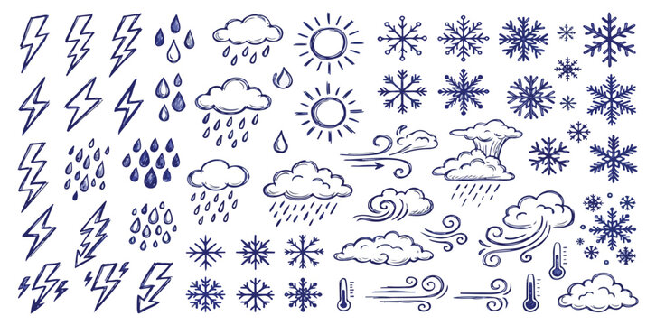 Hand drawn weather icons set, blue ink doodle meteorology symbols, decorative sketch of clouds sun and snowflakes vector collection