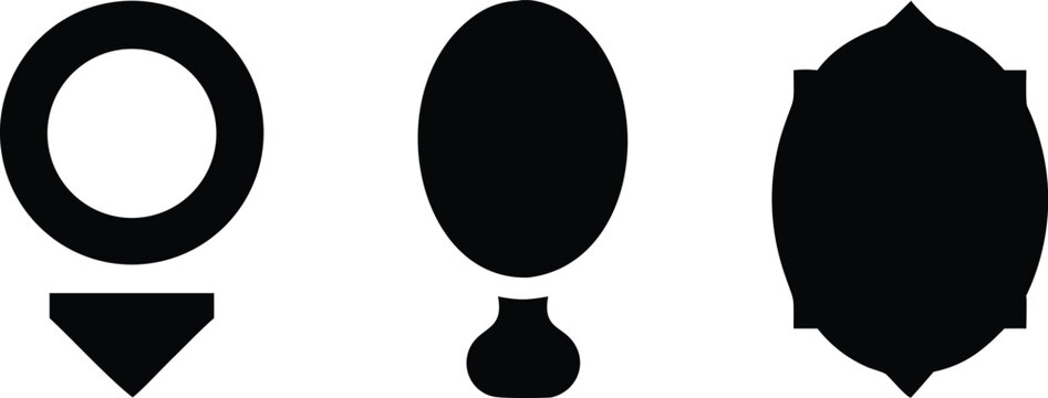 Three unique black geometric shapes and mirror isolated on a white background, for signage and decorative