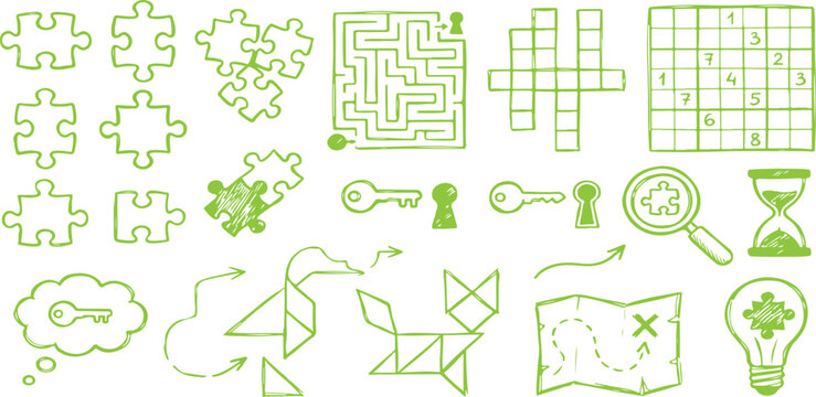 Hand drawn logic puzzle icons set, green sketch brain games and problem solving elements, jigsaw puzzle and maze vector illustrations