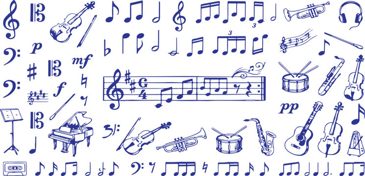 Hand drawn music notes and instruments vector set, blue ink sketch of musical symbols and orchestral equipment, creative artistic melody icons