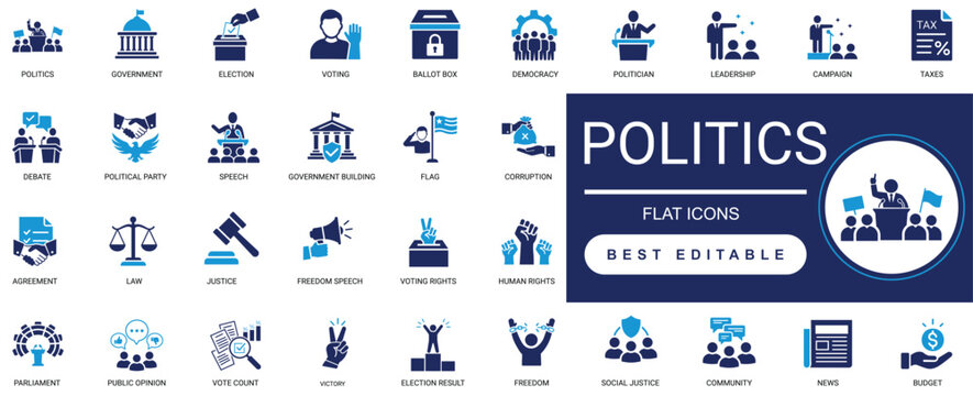 politics icon set. government, election, campaign, democracy, voting, human, law, authority, rights, leadership. editable solid glyph  vector illustration.