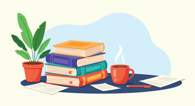 Student or teacher workspace features a stack of colorful textbooks next to a steaming cup of coffee and a green houseplant on a dark desk.