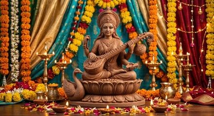 Fototapeta premium Clay idol of goddess saraswati playing veena instrument surrounded by traditional oil lamps and vibrant marigold flower decorations for hindu festival celebration in a beautifully decorated setting