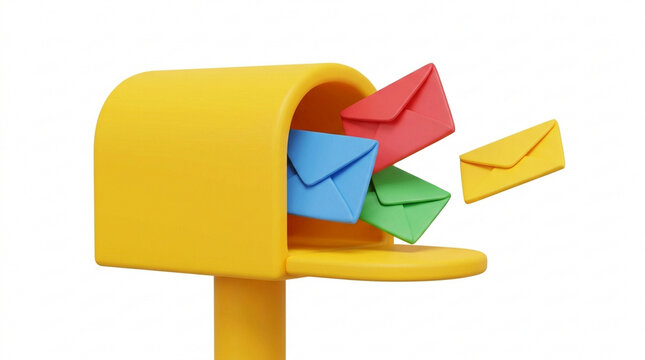 3D yellow mailbox with colorful flying letters and envelopes, side view.