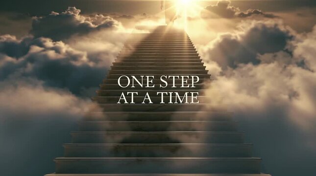 A marble staircase ascends into luminous clouds as golden sunlight breaks through mist. Elegant centered typography reading &ldquo;ONE STEP AT A TIME&rdquo; inspires perseverance and progress.
