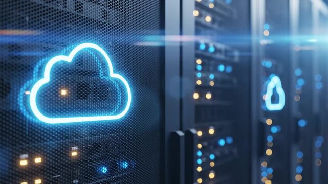 Cloud computing infrastructure in a modern data center, highlighting secure data storage, cloud services, networking, cybersecurity, AI technology, and digital transformation.