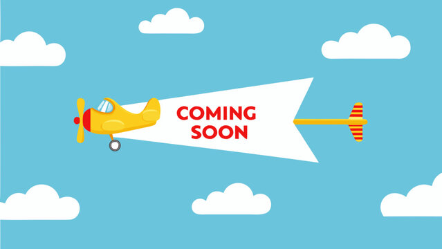 Yellow airplane towing a white banner flat vector illustration