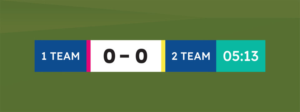 Sports score display 1 team 0 0 2 team 05 13 minutes over green field background.