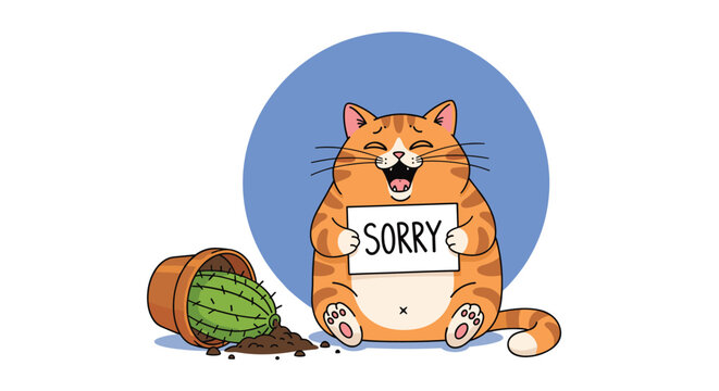 Adorable ginger cat holds a sorry sign with a guilty expression after accidentally knocking over a potted cactus plant on a blue background.