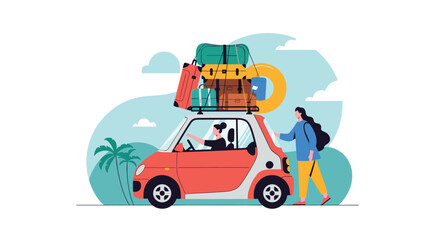 Fototapeta premium Excited travelers drive a small red car loaded with many suitcases and a swim ring on the roof for a fun summer vacation trip to the beach.