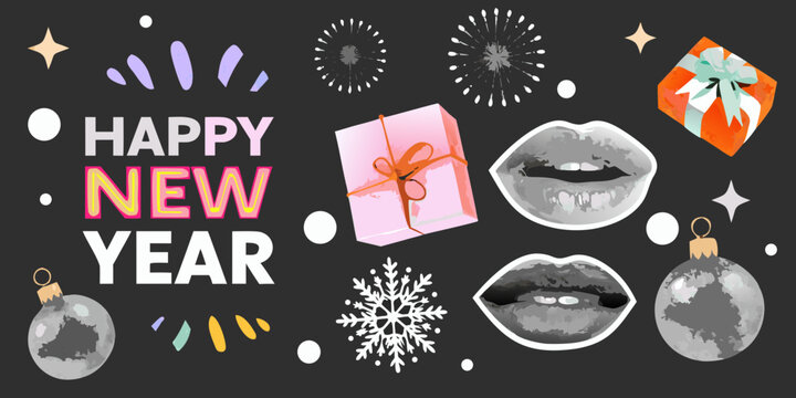 New Year Collage With Lips Gifts And Sparklers Vector Illustration
