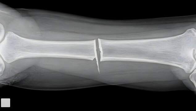 Realistic fracture in shaft of ulnar bone, long bone anatomy on X-ray, clear fracture gap, clinical contrast, professional medical diagnostic style