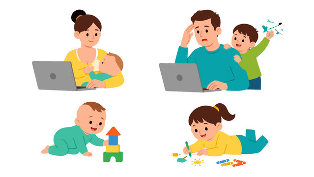 Parents and children at home with laptop, toys, and drawing