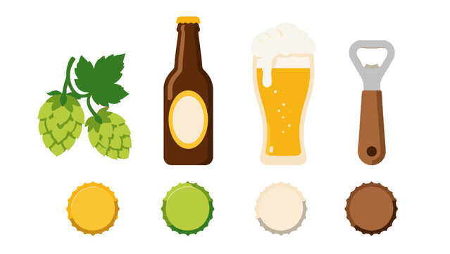 Beer brewing vector set with hops bottle glass opener and caps
