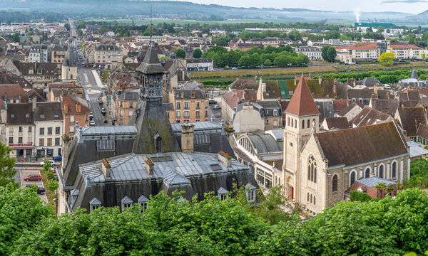Chateau-Thierry, France - 05 02 2026: Panoramic view of the town hall, the United Protestant Church, the Balhan Tower, Jean De La Fontaine statue, the Marne River and the surrounding countryside with 