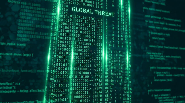 Digital binary code and text scrolls on a dark green background, showcasing the phrase "GLOBAL THREAT" representing digital danger, cybersecurity risks, or data vulnerability.