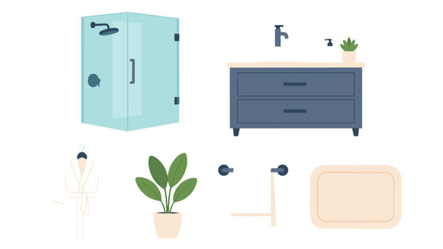 Bathroom interior elements set with shower vanity towel and robe