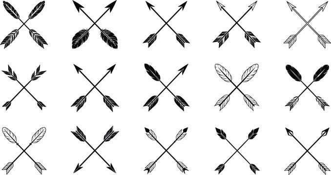 Vintage crossed arrows vector icon set featuring tribal, native american, and rustic bohemian style feather illustrations