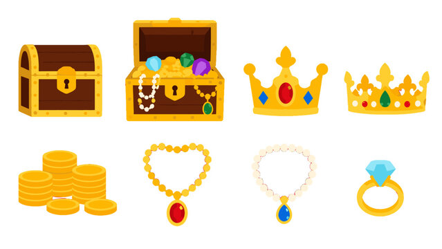 Cartoon treasure chest crowns coins necklace and ring set