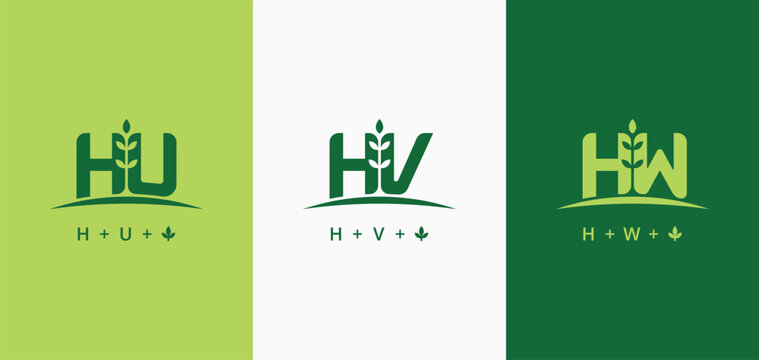 Set of initials letter HU, HV, and HW with grow plant leaf logo design. HU monogram leaf symbol. HV letter agriculture logo. Initial HW with leaves logotype