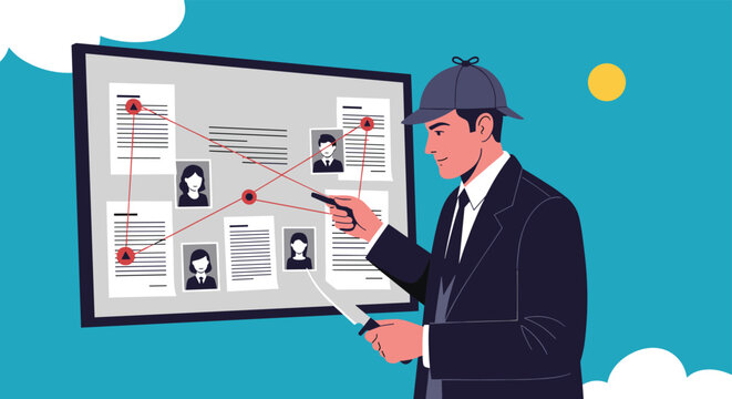 Focused detective wearing a deerstalker hat examines a mystery board with connected photos and documents to solve a complex criminal case.
