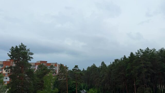 Cloudy sky above pine forest and apartment buildings, panorama of urban natural landscape with thunderclouds