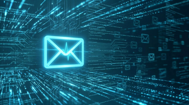Glowing blue email icon over digital code and circuits, symbolizing online communication, data transfer, and technology, ideal for digital marketing or IT concepts