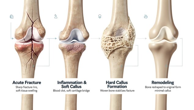 Leg fracture evolution diagram from fresh break to callus ossification and final bone remodeling
