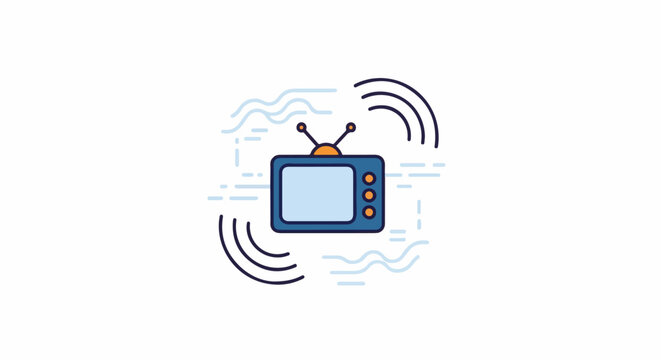 A stylized, retro television set with an antenna transmits signals, surrounded by abstract wave patterns