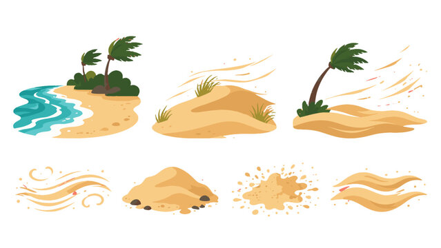 Set of sandy island, dune and wind elements in flat vector style