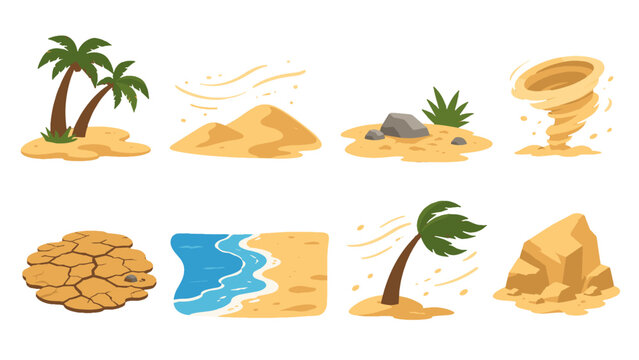 Cartoon desert and beach landscape elements set