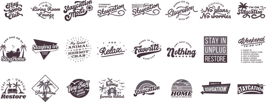 Staycation And Relaxation Hand lettered Phrases Vector Illustration Collection