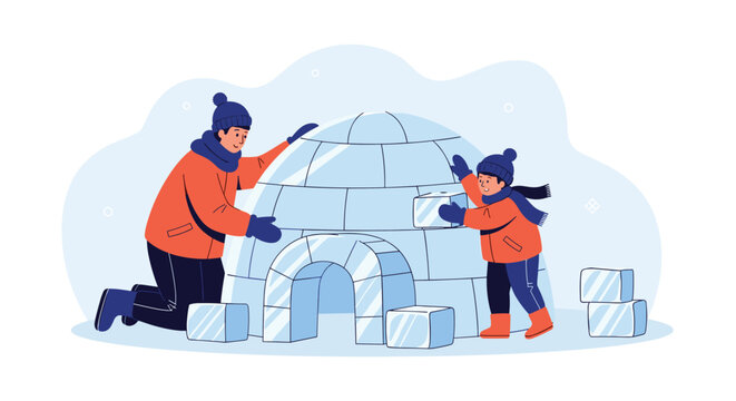 Father and his young son work together to build a traditional snow igloo during a cold winter day while wearing warm orange parkas and hats.