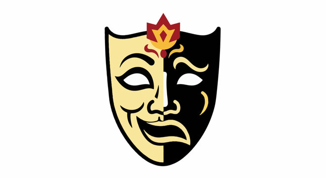 A split theatrical mask, one half smiling, the other frowning, with a decorative flourish on top