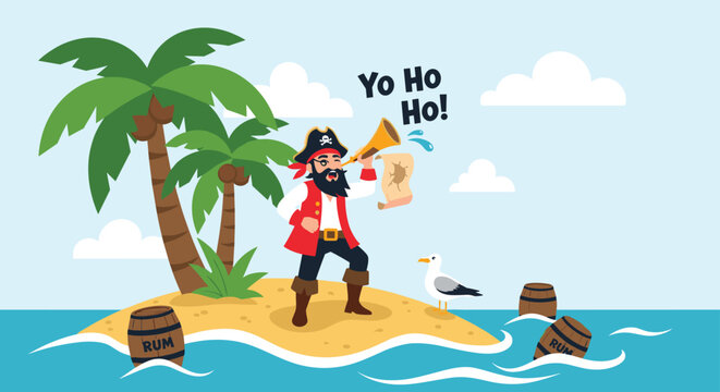 Happy pirate character with a hook hand and treasure map celebrates on a desert island surrounded by palm trees and floating rum barrels.