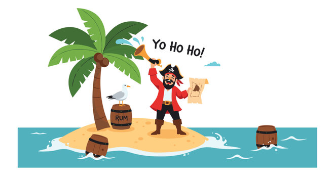 Jolly pirate captain stands triumphantly on a tiny tropical island with a treasure map, palm tree, rum barrels, and a seagull on the shore.