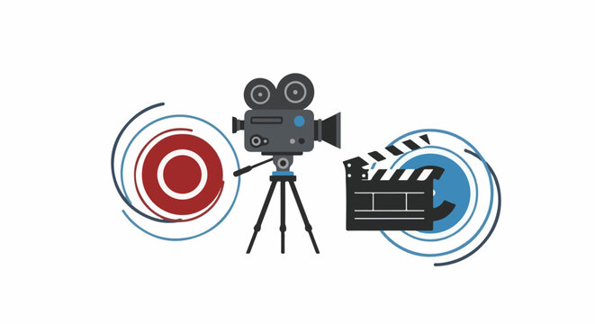 Vintage camera, clapperboard, and abstract circular graphics suggesting media creation